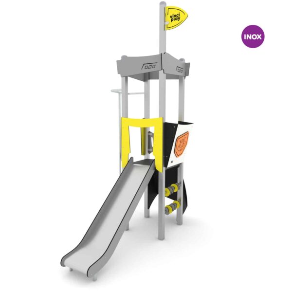 Space toren met glijbaan, brandweerpaal en klimwand (SC3402 RVS)