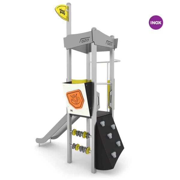 Space toren met glijbaan, brandweerpaal en klimwand (SC3402 RVS) - Afbeelding 2