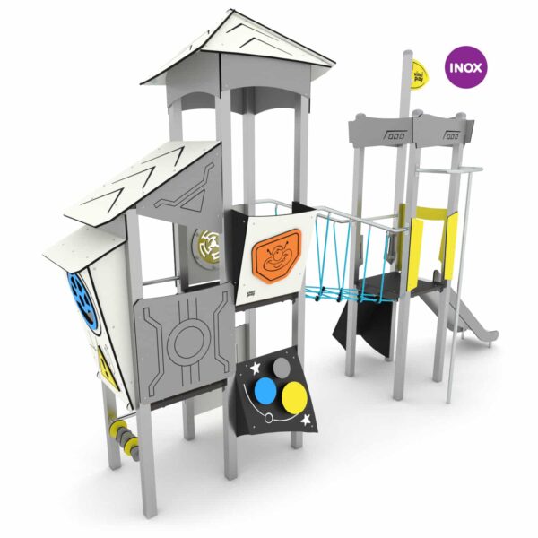 Space speelcombinatie met twee torens, netbrug, glijbaan en brandweerpaal (SC3404 RVS)